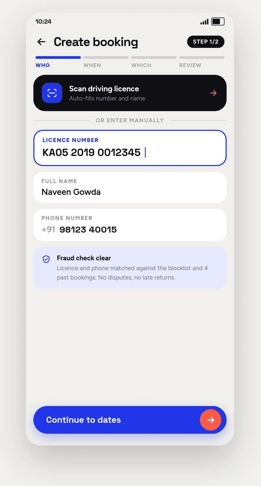The Wheeelink booking flow on a phone: a driving licence has been scanned to auto-fill the licence number and rider's name, and a fraud check below reports the licence and phone matched against the blocklist and four past bookings, with no disputes and no late returns.